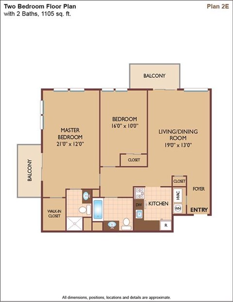 Floor plan for 2 beds, 2 baths, 1105 sqft